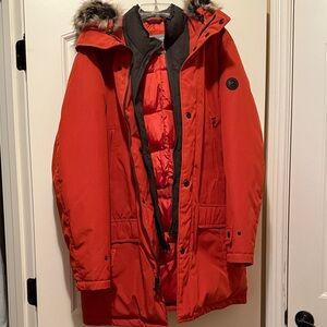 Men's Michael Kors Burnt Orange Parka Jacket with faux fur lined hood. Large
